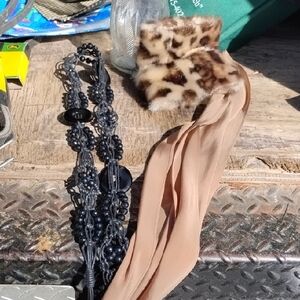 Neutral Beige Scarf Headband with Leopard Faux Fur Accent